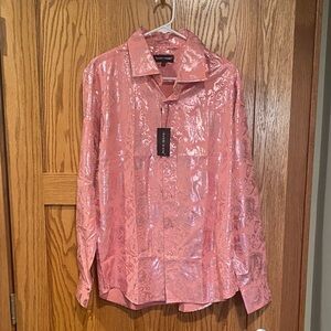 Barry Wang Pink Shiny Men's Button Up Long Sleeve Shirt Medium NWT